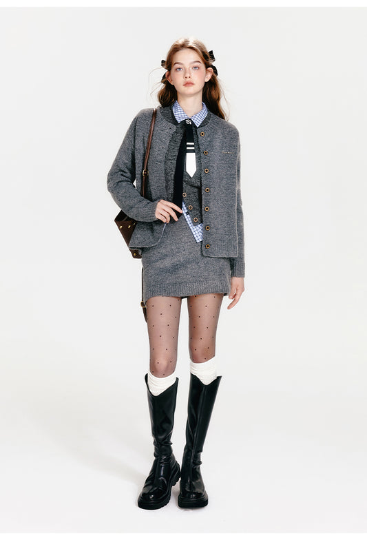 Knit Cardigan, Vest, Hip-Hugging Mini Skirt