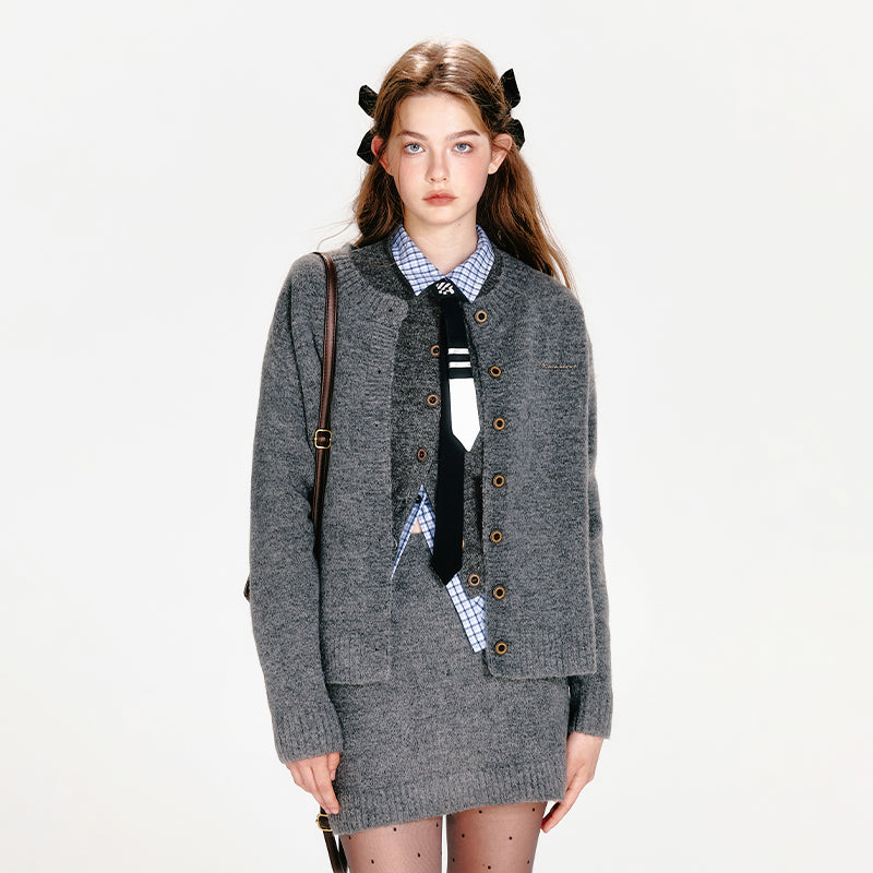 Knit Cardigan, Vest, Hip-Hugging Mini Skirt