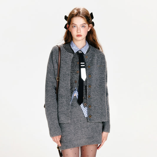 Knit Cardigan, Vest, Hip-Hugging Mini Skirt