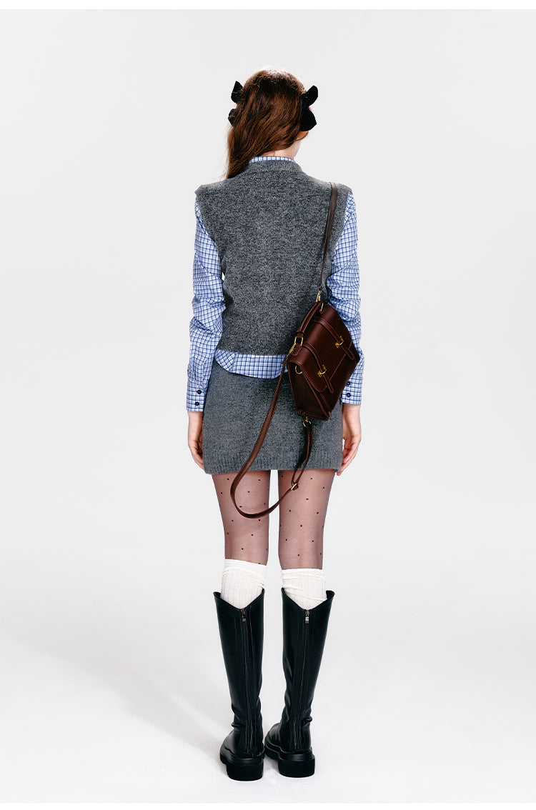 Knit Cardigan, Vest, Hip-Hugging Mini Skirt