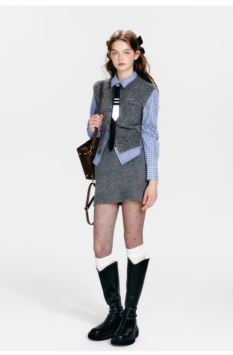 Knit Cardigan, Vest, Hip-Hugging Mini Skirt