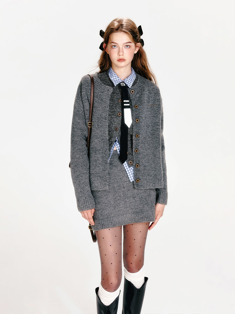 Knit Cardigan, Vest, Hip-Hugging Mini Skirt