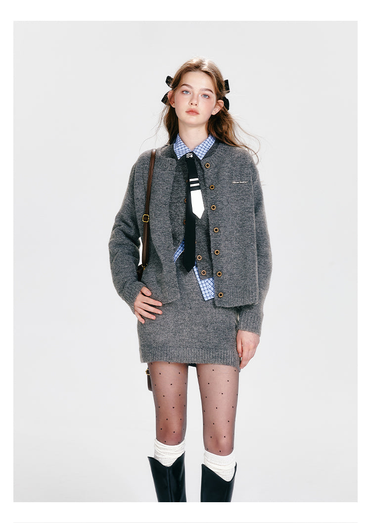 Knit Cardigan, Vest, Hip-Hugging Mini Skirt