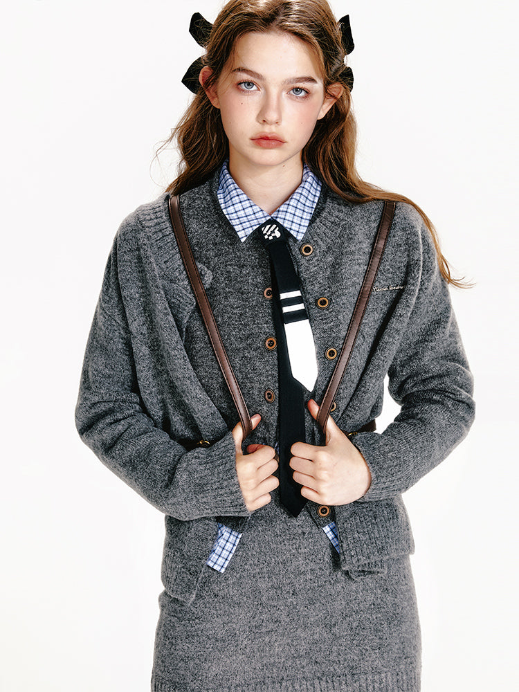 Knit Cardigan, Vest, Hip-Hugging Mini Skirt