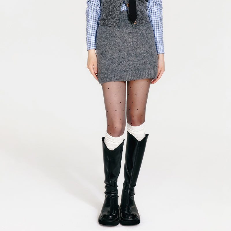Knit Cardigan, Vest, Hip-Hugging Mini Skirt