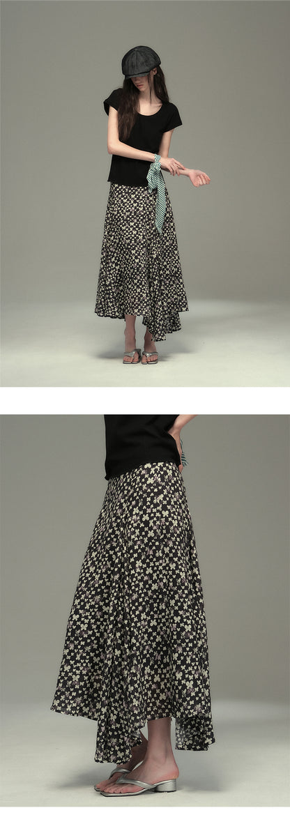 Asymmetrical Hem Butterfly Print Skirt