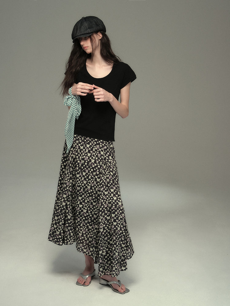 Asymmetrical Hem Butterfly Print Skirt