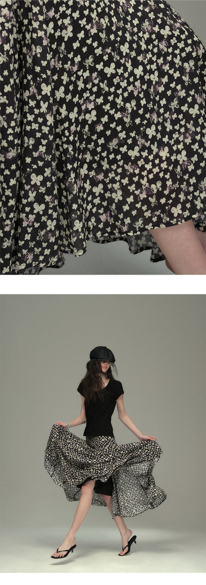 Asymmetrical Hem Butterfly Print Skirt