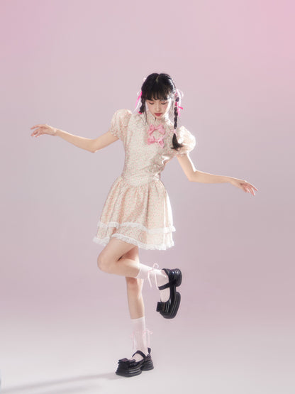 Qipao-Inspired Floral Puff Sleeve Dress With Bows