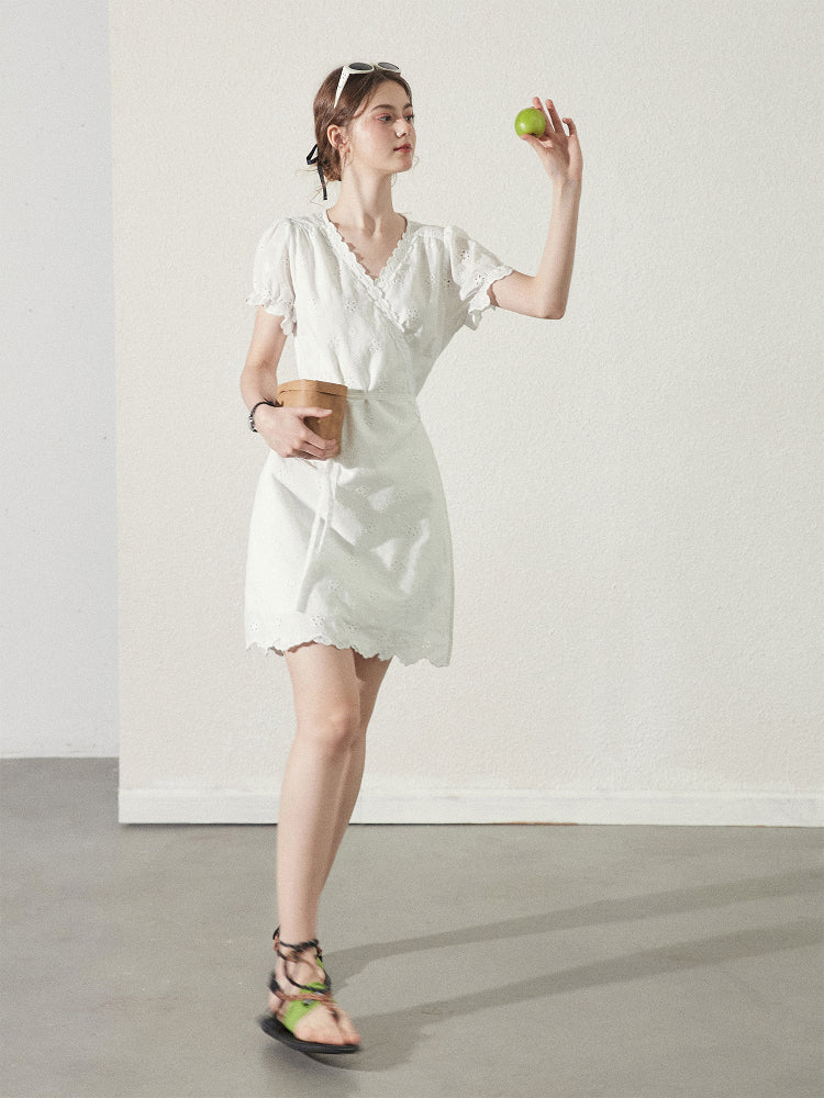 Scallop Hem Eyelet Embroidered Wrap Dress