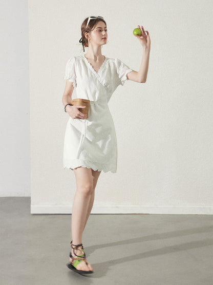 Scallop Hem Eyelet Embroidered Wrap Dress
