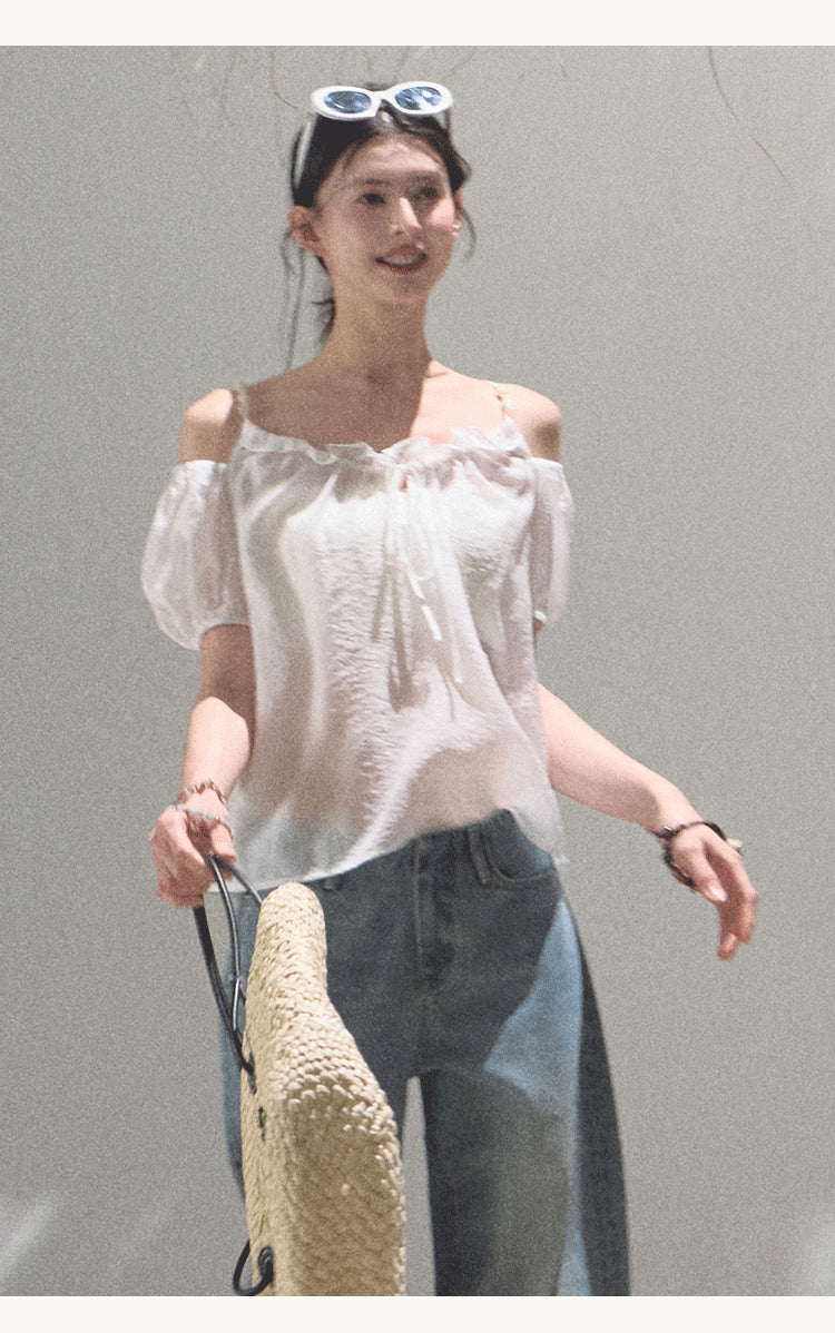Puff Sleeve Blouse With Beaded Shoulder Straps