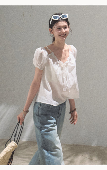 Puff Sleeve Blouse With Beaded Shoulder Straps