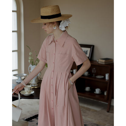 Classic Short-Sleeve Pleated Shirt Dress