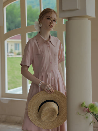 Classic Short-Sleeve Pleated Shirt Dress