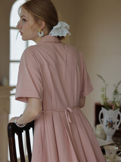 Classic Short-Sleeve Pleated Shirt Dress