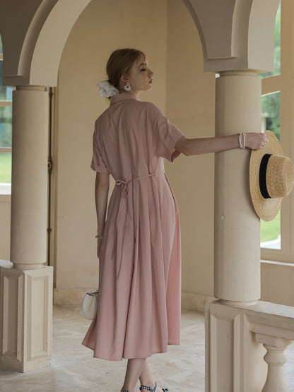Classic Short-Sleeve Pleated Shirt Dress