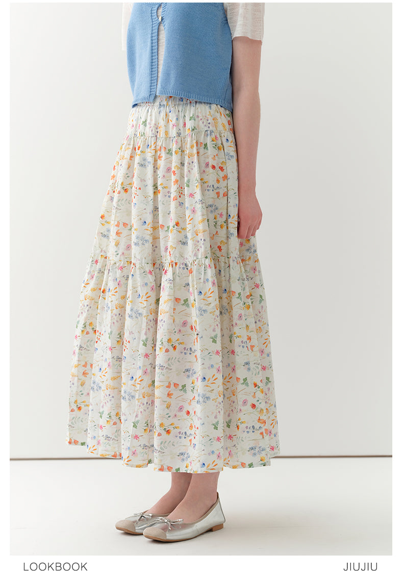 Cotton Floral Tiered Maxi Skirt