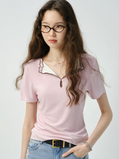 Ribbed Top With Contrasted Lettuce Edge Double Collar