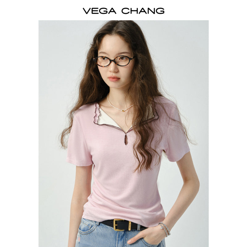 Ribbed Top With Contrasted Lettuce Edge Double Collar