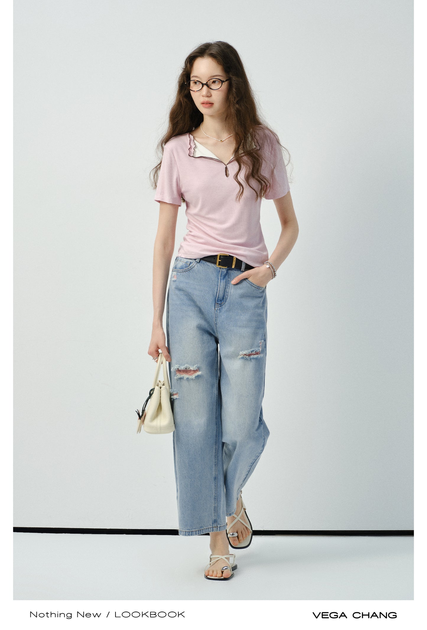 Ribbed Top With Contrasted Lettuce Edge Double Collar