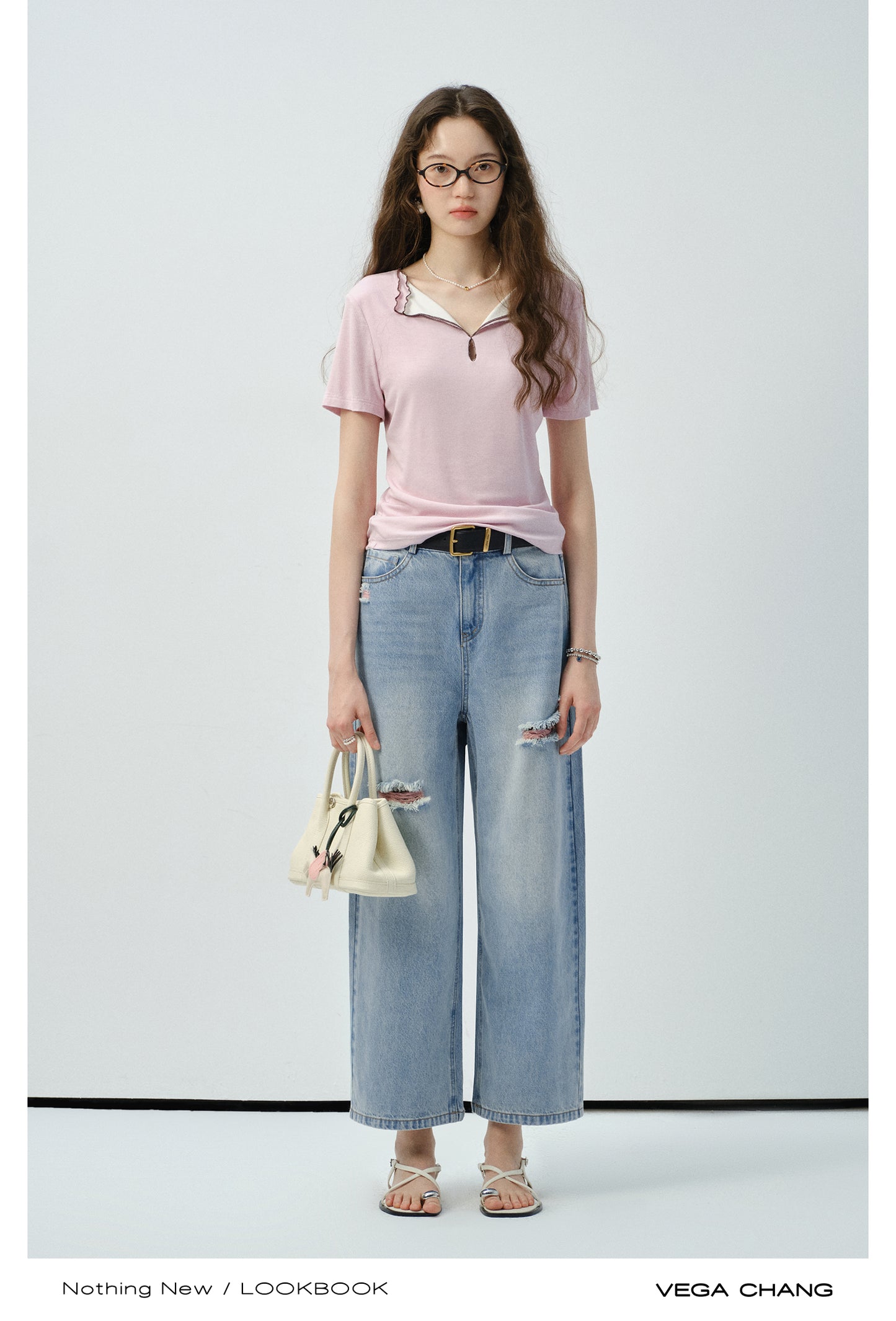 Ribbed Top With Contrasted Lettuce Edge Double Collar