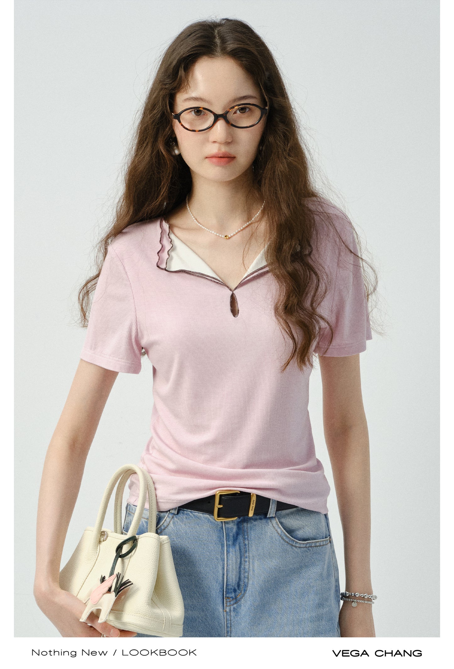 Ribbed Top With Contrasted Lettuce Edge Double Collar