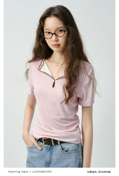 Ribbed Top With Contrasted Lettuce Edge Double Collar