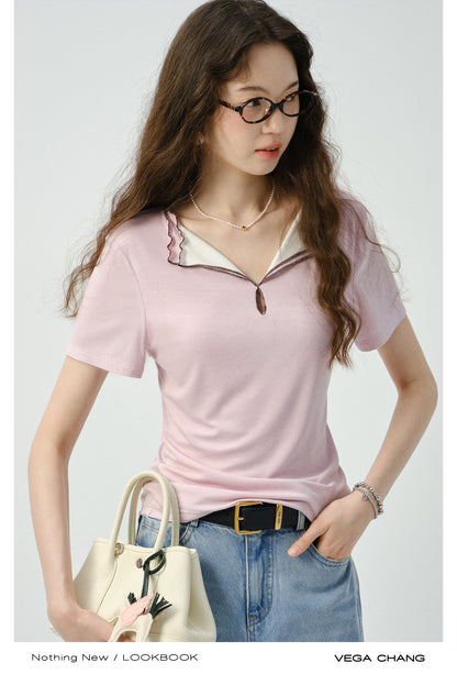 Ribbed Top With Contrasted Lettuce Edge Double Collar