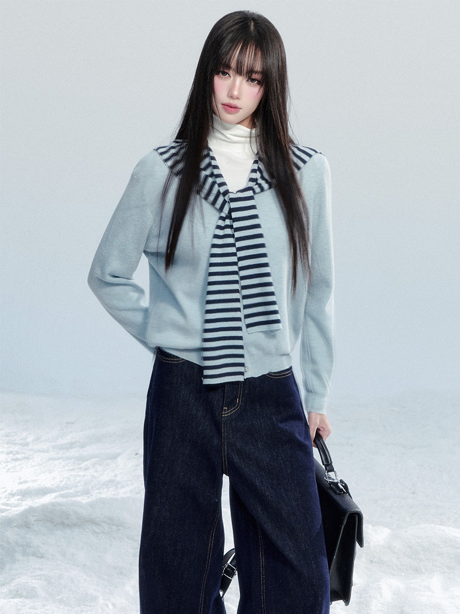 Knit Top With Detachable Striped Sailor Scarf