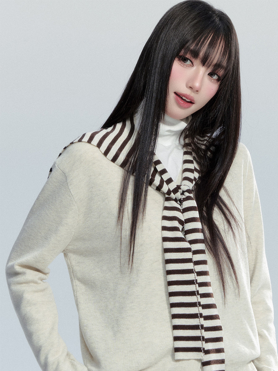Knit Top With Detachable Striped Sailor Scarf