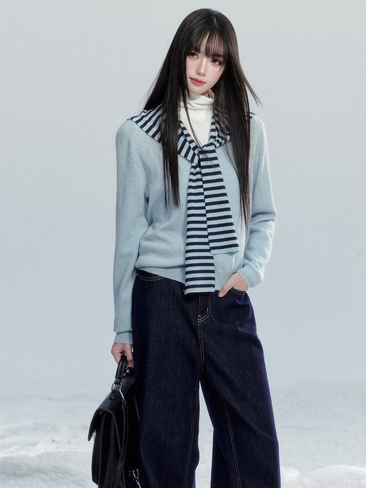 Knit Top With Detachable Striped Sailor Scarf