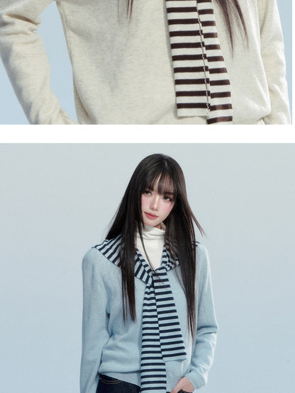 Knit Top With Detachable Striped Sailor Scarf