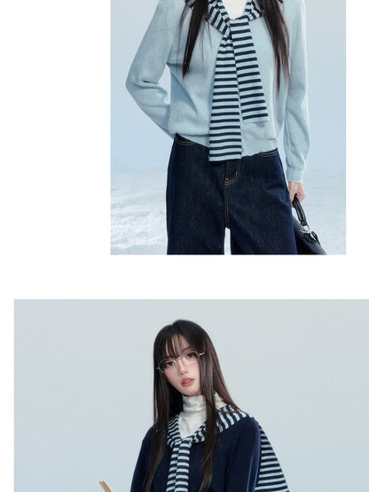 Knit Top With Detachable Striped Sailor Scarf