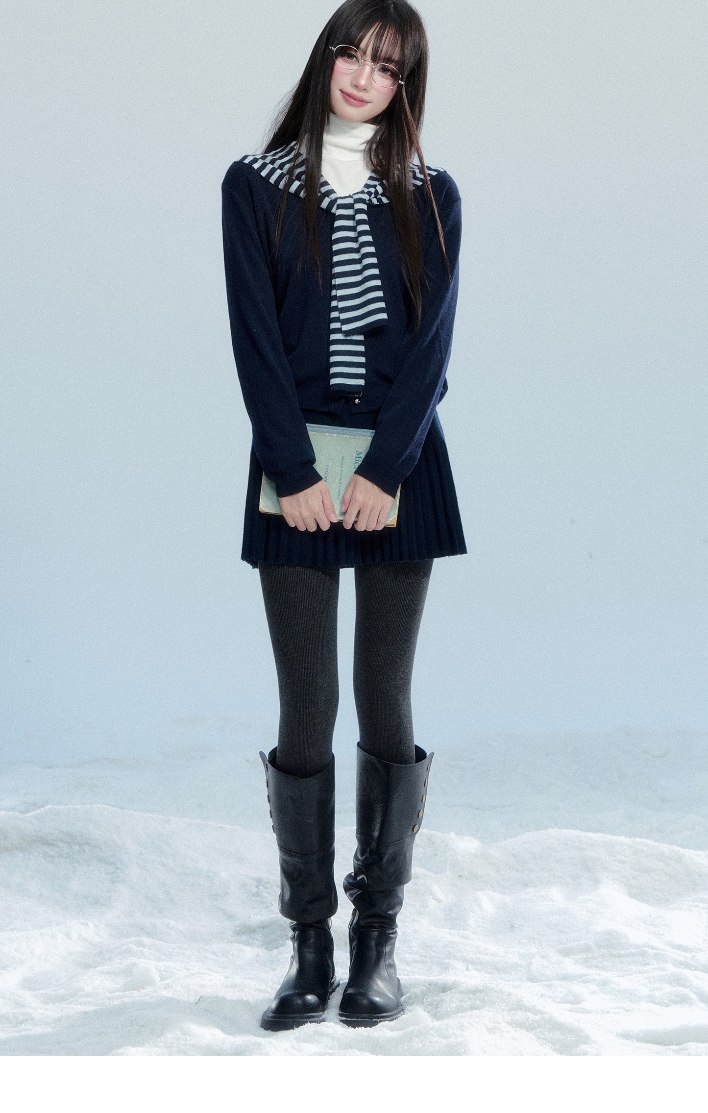 Knit Top With Detachable Striped Sailor Scarf