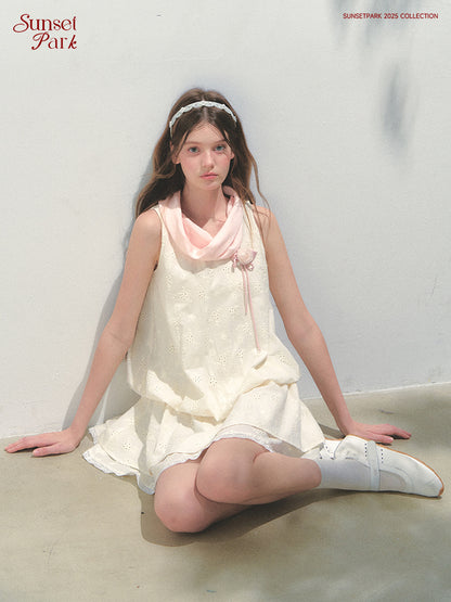 Embroidered Bubble Dress With Large Tie Neck