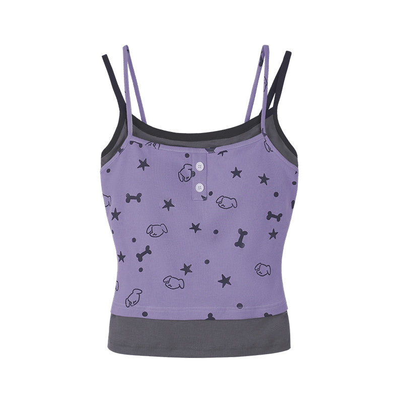 Faux-Layered Camisole Top With Puppy Party Print