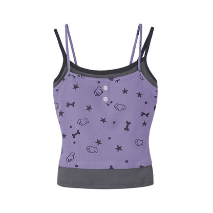 Faux-Layered Camisole Top With Puppy Party Print