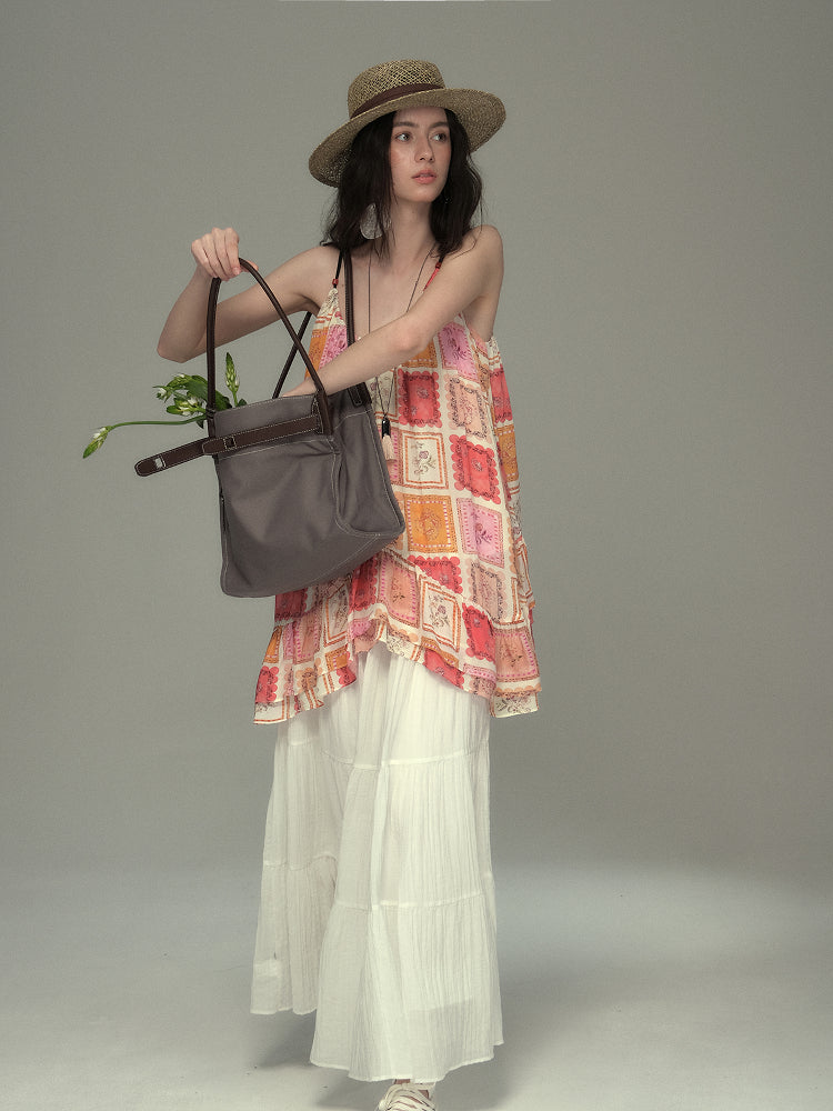 Floral Motif Boho Ruffle Strap Top