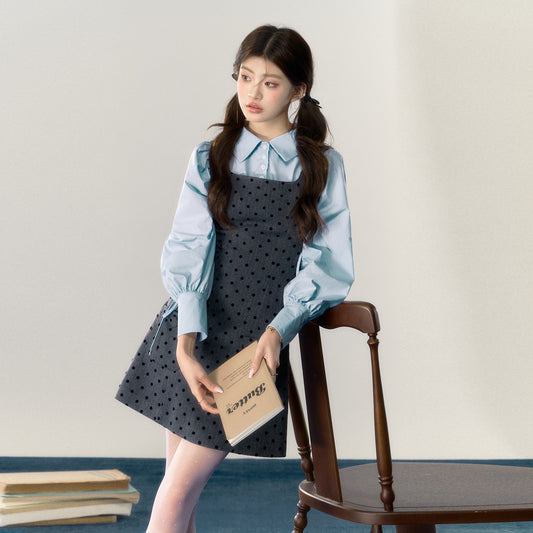 A-Line Fitted Pinafore Dot Dress & Puff-Sleeve Ribbon Shirt