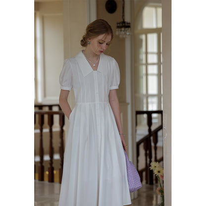 Flat-Collar Pleated Shirt Dress