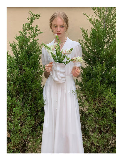 Flat-Collar Pleated Shirt Dress