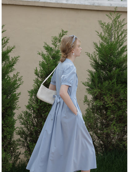 Flat-Collar Pleated Shirt Dress