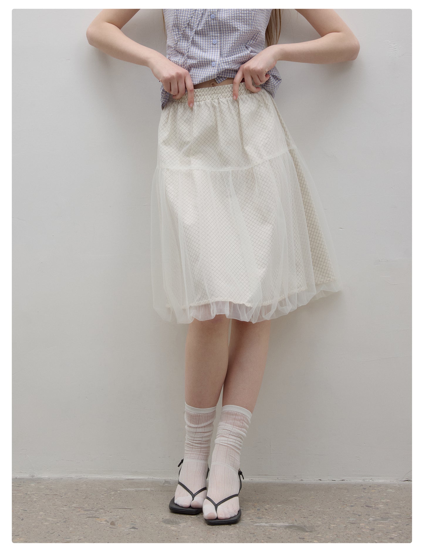 Grid-Patterned Tulle Bubble Skirt