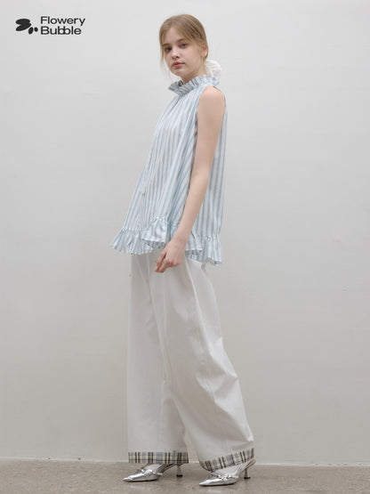Ruffled High Collar Sleeveless Stripe Top With Neck Tie