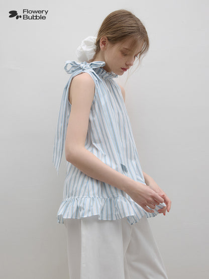 Ruffled High Collar Sleeveless Stripe Top With Neck Tie