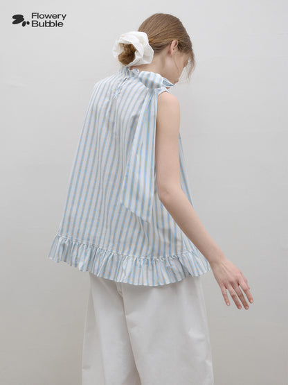 Ruffled High Collar Sleeveless Stripe Top With Neck Tie