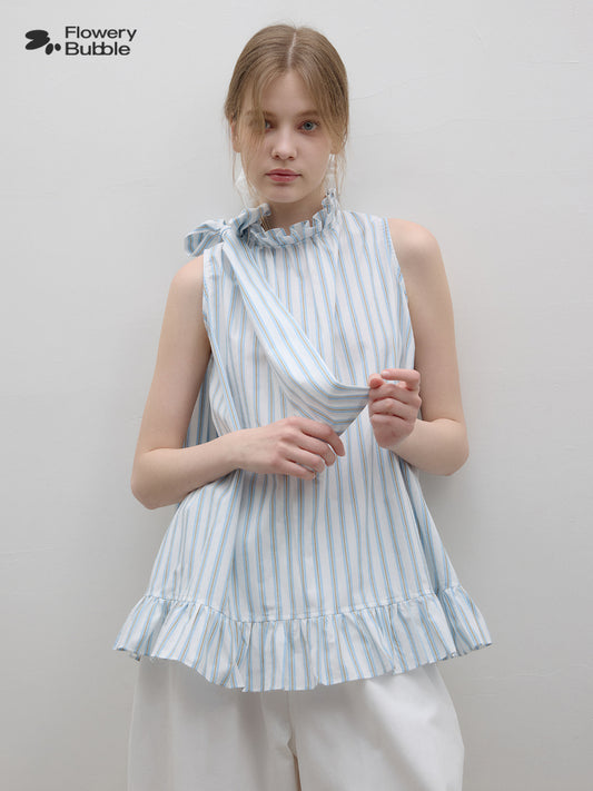 Ruffled High Collar Sleeveless Stripe Top With Neck Tie