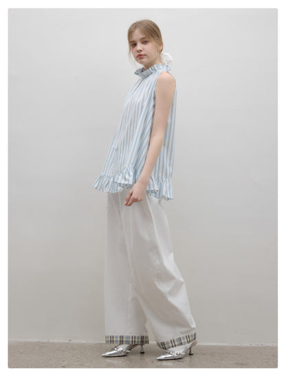 Ruffled High Collar Sleeveless Stripe Top With Neck Tie