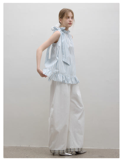 Ruffled High Collar Sleeveless Stripe Top With Neck Tie